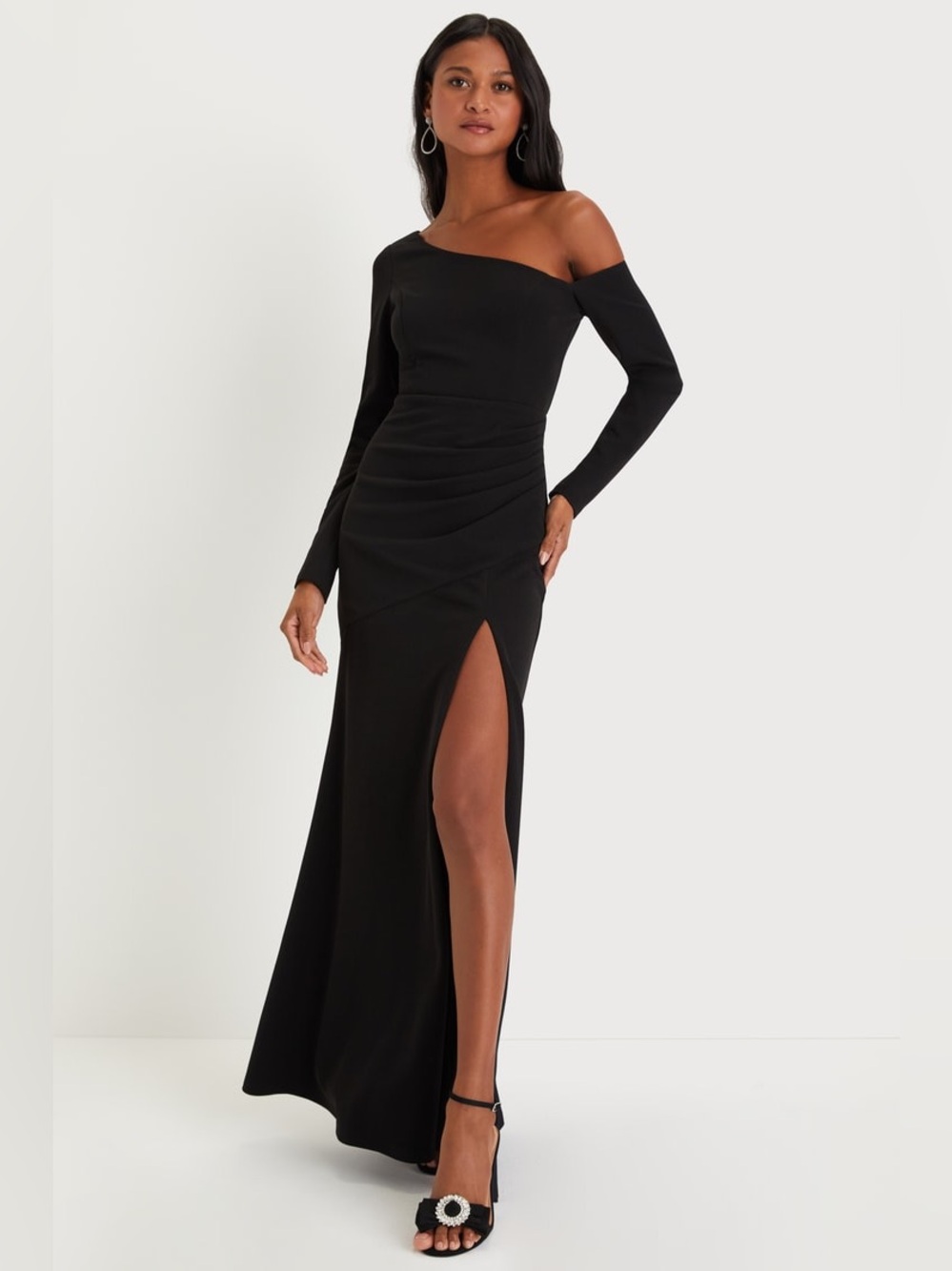 Lulus Sultry Statement Black Mesh Ruched Off-the-Shoulder Jumpsuit New with tags